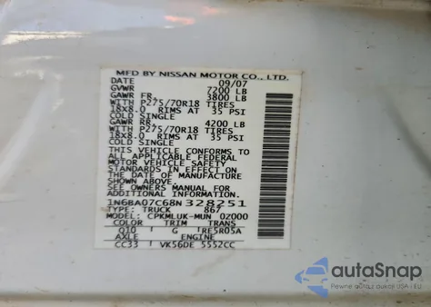 2008 Nissan Titan Xe z USA, uszkodzony, nr VIN 1N6BA07C68N328251